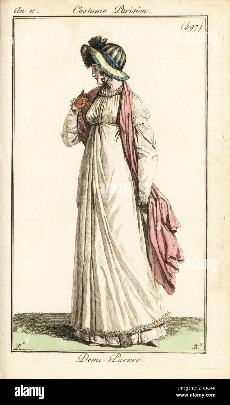Donna in abbigliamento semi-formale, 1803. Cofano con nastri, scialle rosa, abito bianco con tunica dal collo lungo. Demi-Parure. Incisione in copperplate a mano di Pierre-Charles Baquoy in onore di Carle Vernet di Pierre de la Mesangeres Journal des Dames et des Modes, Magazine of Women and Fashion, Paris, An 11, 1803. Foto Stock
