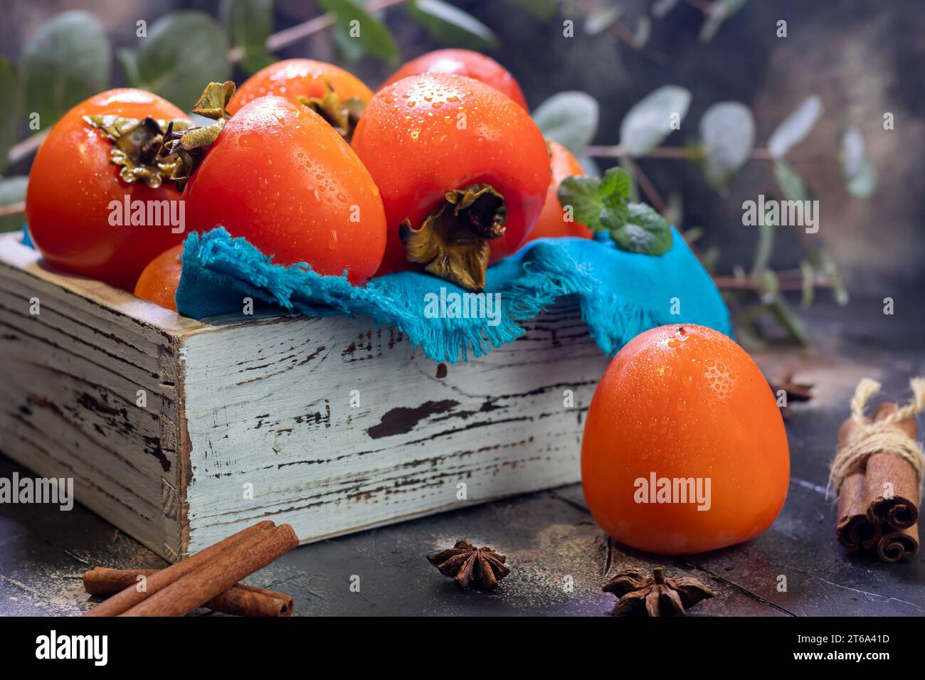 Cachi su sfondo scuro. Frutta fresca matura su un piatto blu e in scatola. Mangiare sano. Foto Stock