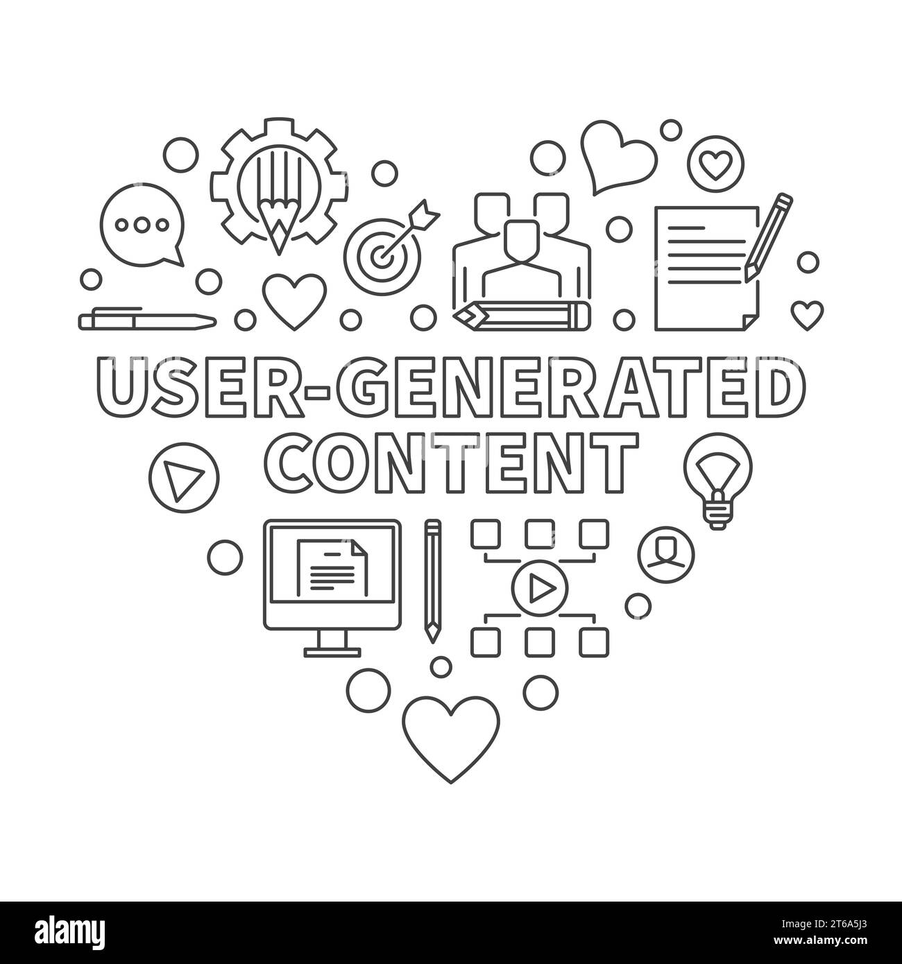 Contenuto generato dall'utente o concetto di vettore cardiaco UGC illustrazione a linee sottili Illustrazione Vettoriale
