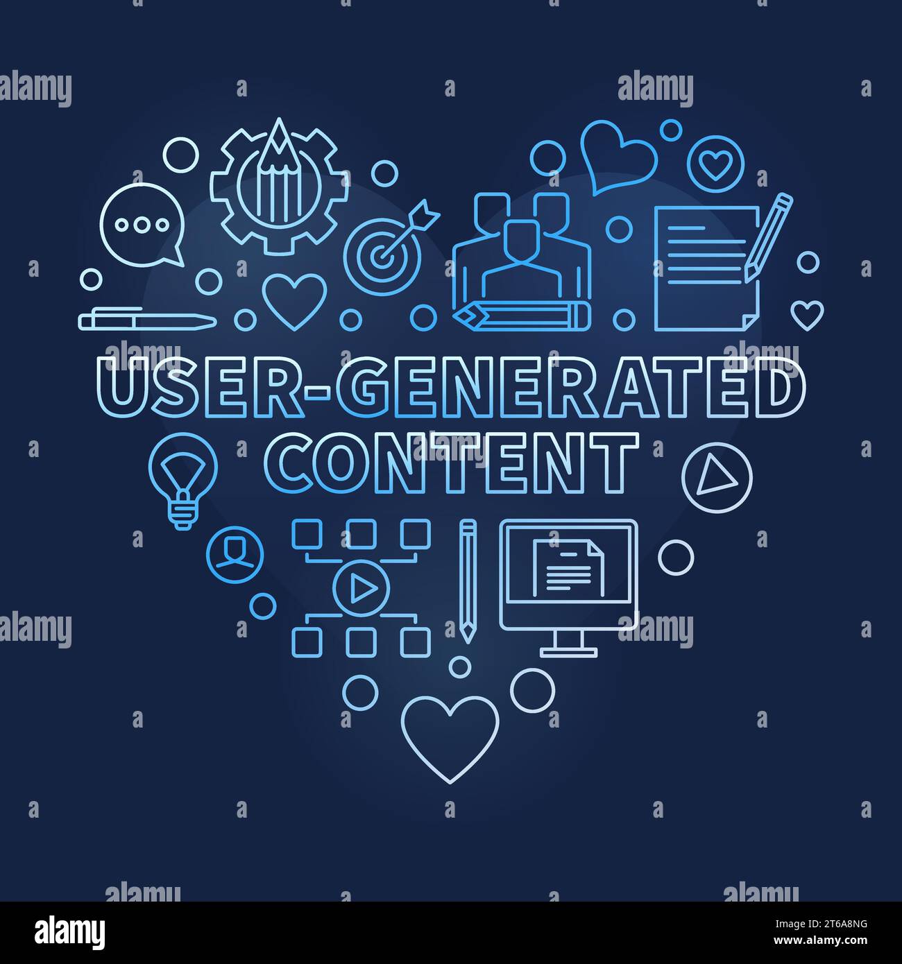 Concetto vettoriale del contenuto generato dall'utente illustrazione lineare con cuore blu su sfondo scuro Illustrazione Vettoriale