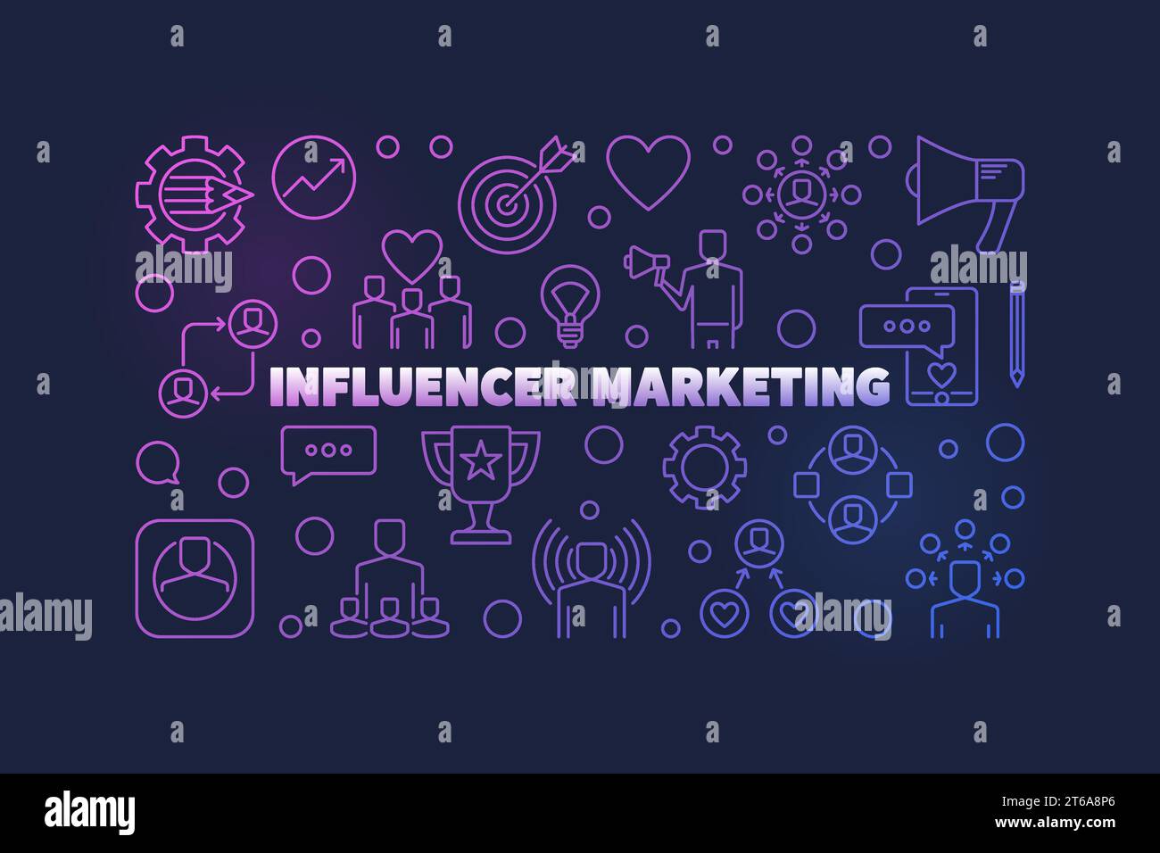 Influencer Marketing Vector Concept contorno colorato banner orizzontale o illustrazione Illustrazione Vettoriale