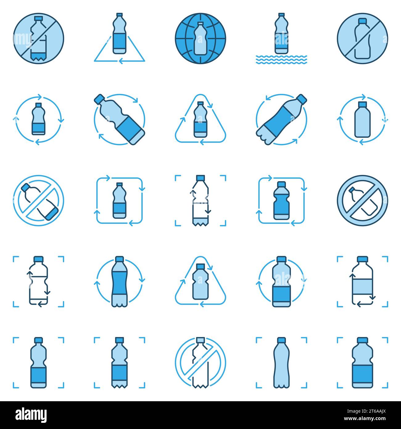 Set di icone moderne blu per riciclaggio bottiglie in plastica. Segnali del concetto di riciclaggio vettoriale Illustrazione Vettoriale