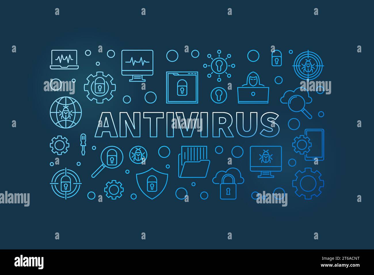 Il concetto di vettore antivirus del computer delinea l'illustrazione orizzontale blu o il banner su sfondo scuro Illustrazione Vettoriale