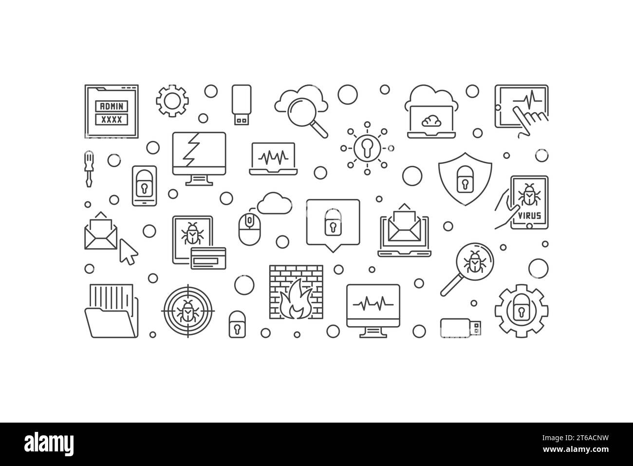 Computer virus vettore Cybersecurity Concept delinea striscione orizzontale minimo o illustrazione Illustrazione Vettoriale