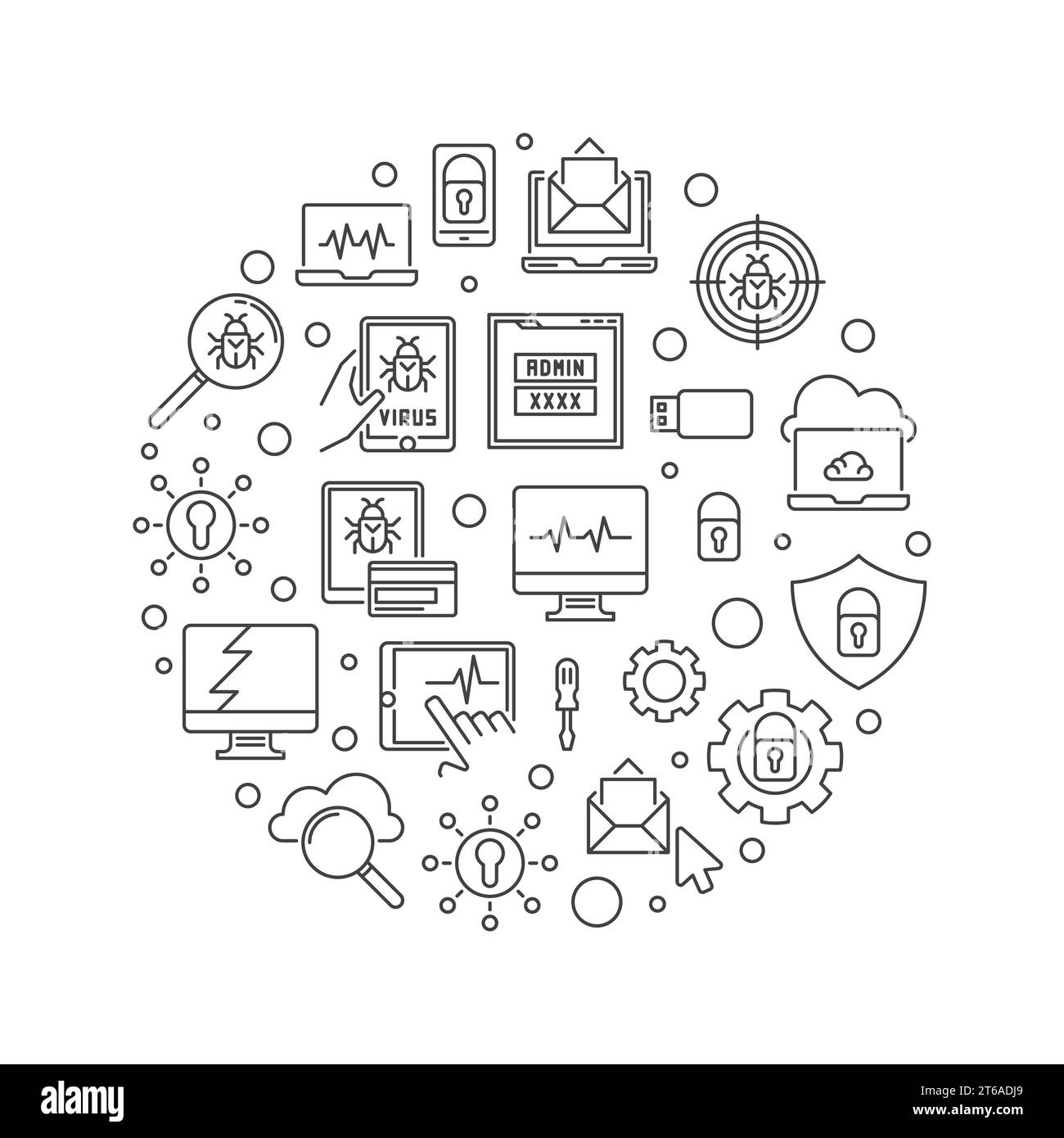Vector computer virus concetto circolare semplice illustrazione in stile contorno Illustrazione Vettoriale