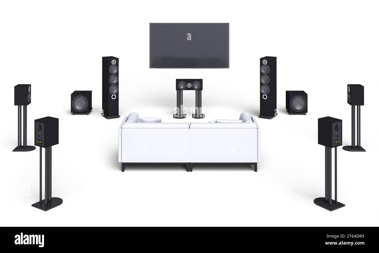 sistema home theater e divano su sfondo bianco. rendering 3d. Foto Stock