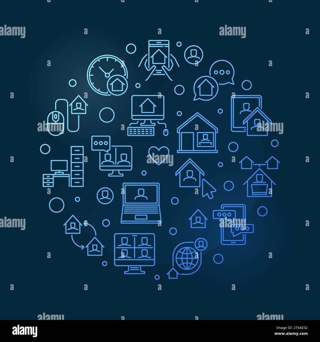 Illustrazione lineare circolare blu del concetto di vettore Work from Home su sfondo scuro Illustrazione Vettoriale