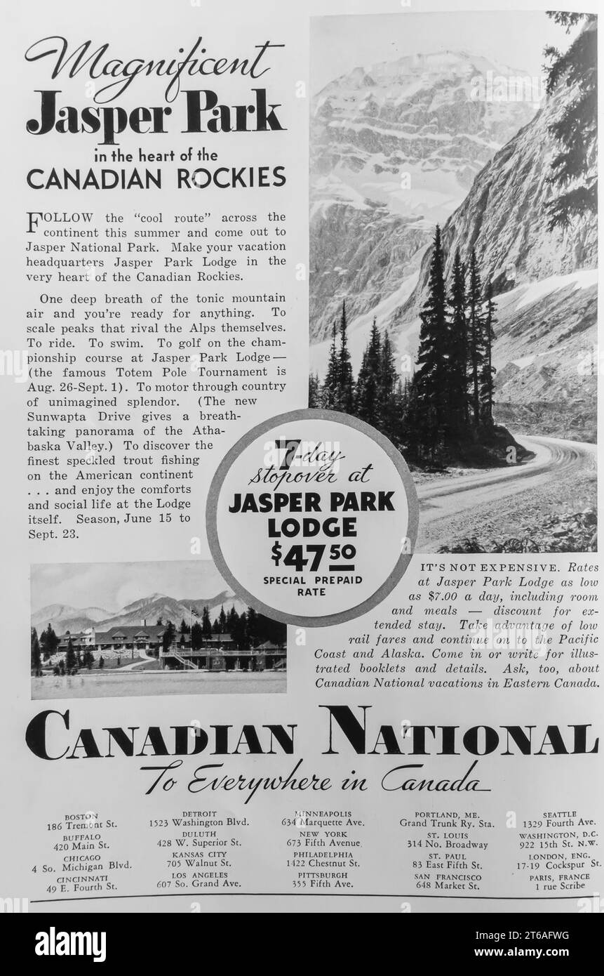 1934 Canadian National Canada's Rockies Jasper Park Triangle Tour ad Foto Stock