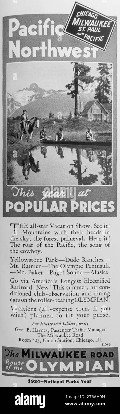 La pubblicità stradale di Milwaukee - Route of the Olympian, Pacific Northwest in una rivista Natgeo 1934 Foto Stock