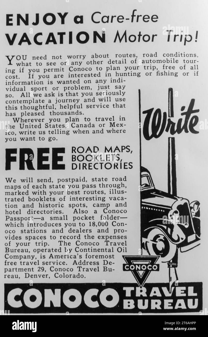 1934 Conoco Travel Bureau per le vacanze in auto Foto Stock