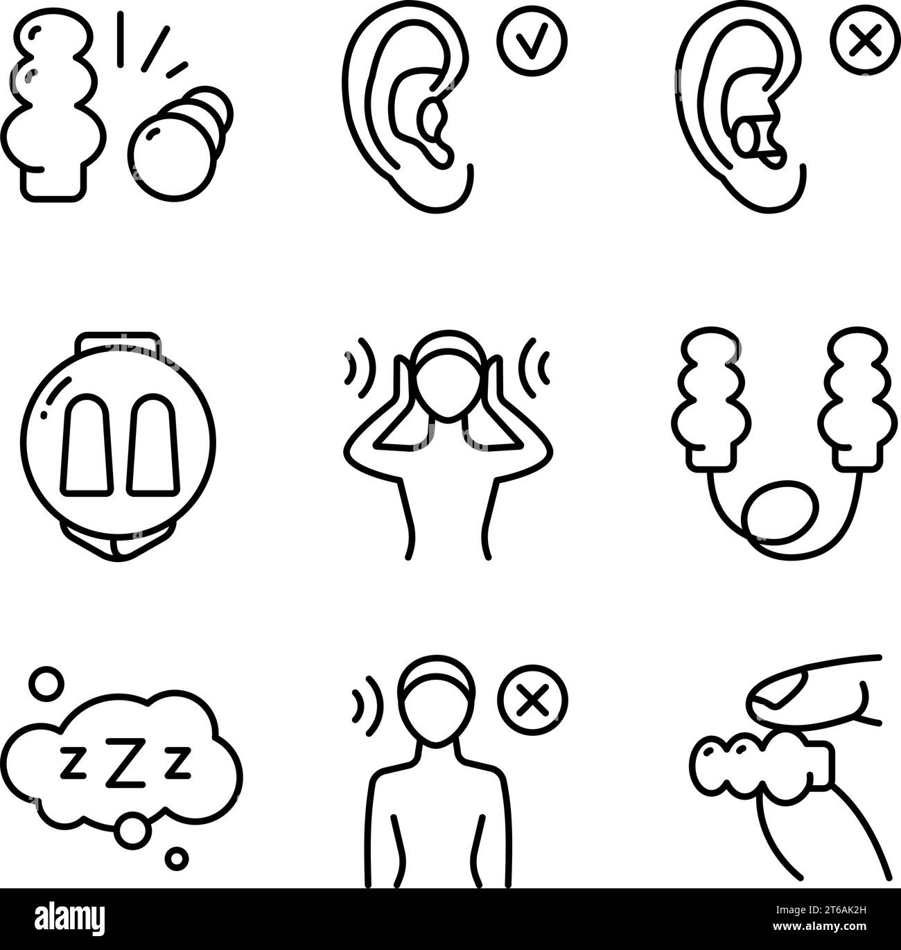 Set di icone per inserti auricolari a linea piatta. Sonno sano senza russamento, illustrazioni sulla sicurezza dell'orecchio. Cartelli per negozio medico. Illustrazione di stile Vector Simple. Lineare Illustrazione Vettoriale