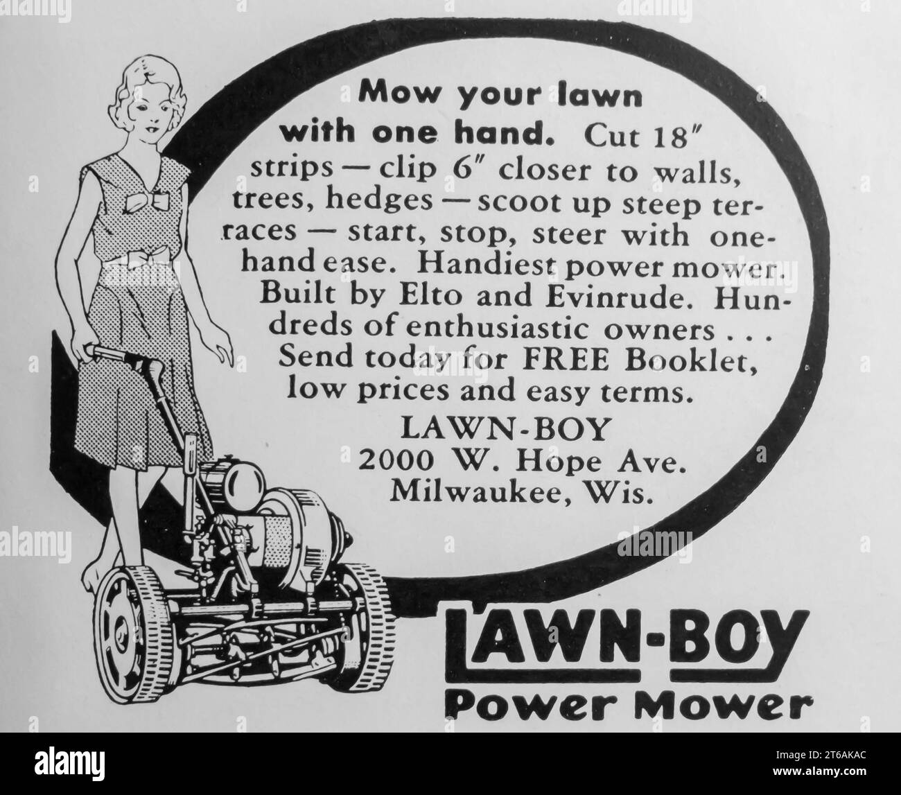 1934 spot per motofalciatrice Lawn-Boy Milwaukee, Wisconsin Foto Stock