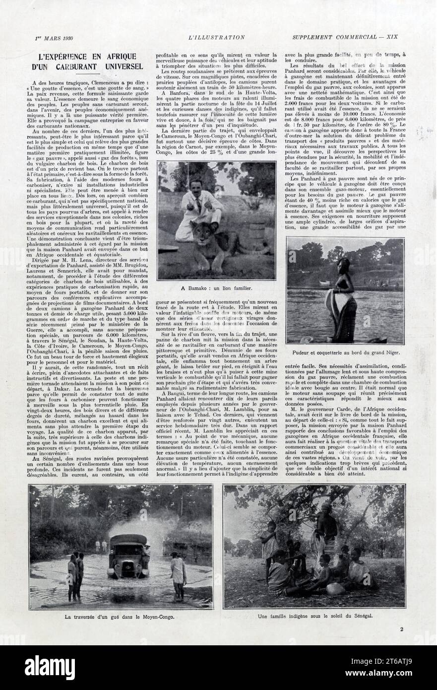 L'expérience en Afrique d'un carburant universel. L'illustrazione 1er mars 1930 Foto Stock