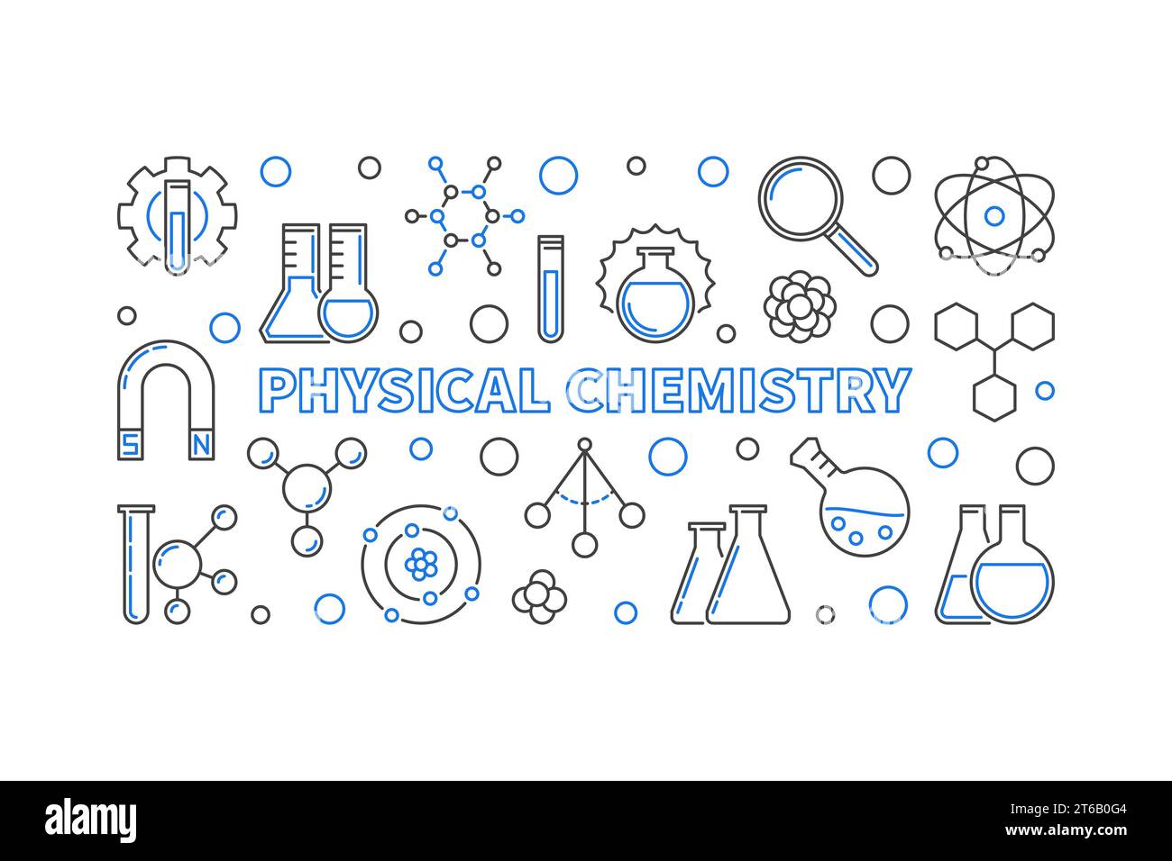 Banner orizzontale concetto di chimica fisica - illustrazione vettoriale in stile linea sottile Illustrazione Vettoriale