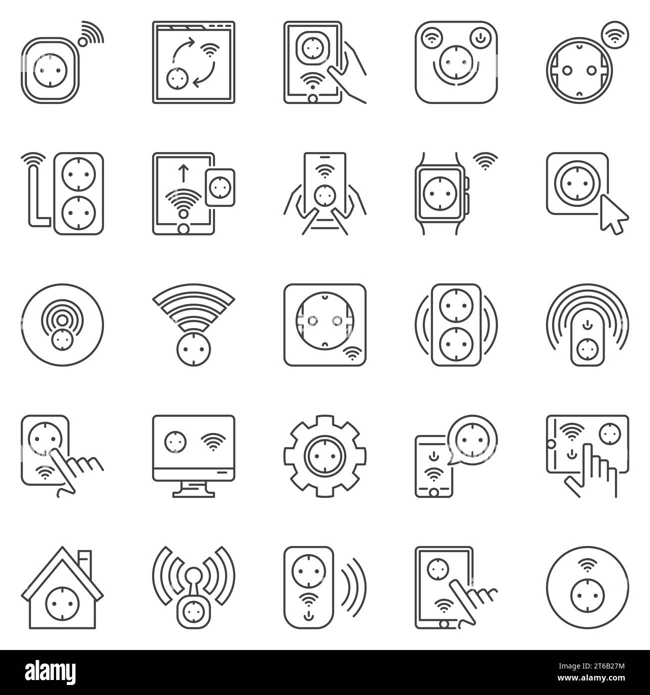 Set di icone Smart Socket Outline. Simboli del concetto di prese intelligenti Vector EU in linea sottile Illustrazione Vettoriale