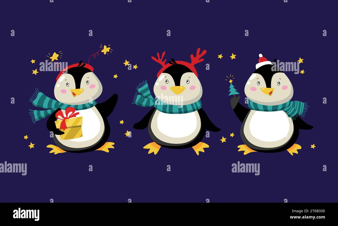 Personaggi natalizi animali piatti. Grazioso pinguino in costume invernale su sfondo blu scuro. Illustrazione delle vacanze invernali. Illustrazione Vettoriale