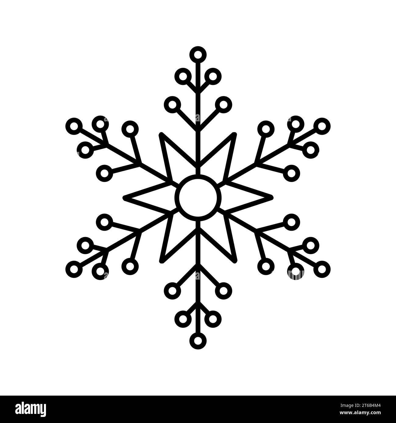 Semplice icona natalizia fiocco di neve. Logo della neve astratto per il gelo alle basse temperature. Precipitazioni invernali. Illustrazione vettoriale piatta in stile line art Illustrazione Vettoriale