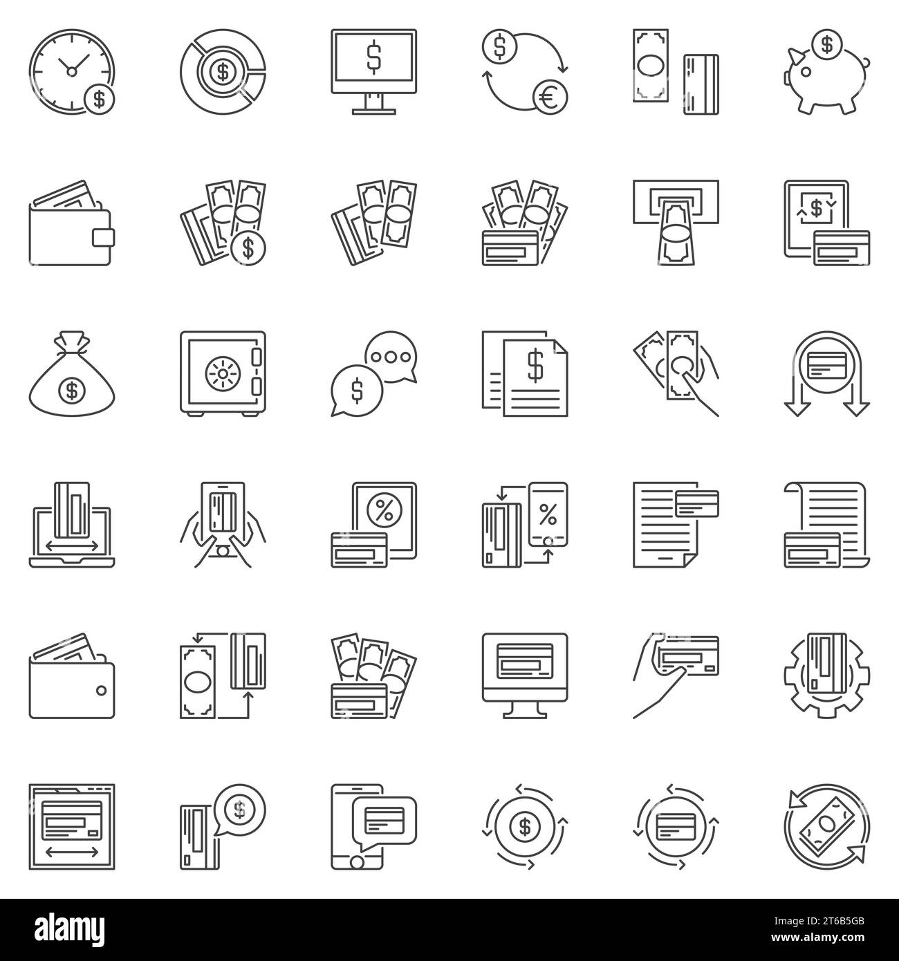 Set di icone per i pagamenti - simboli di pagamento e denaro vettoriale in linea sottile Illustrazione Vettoriale