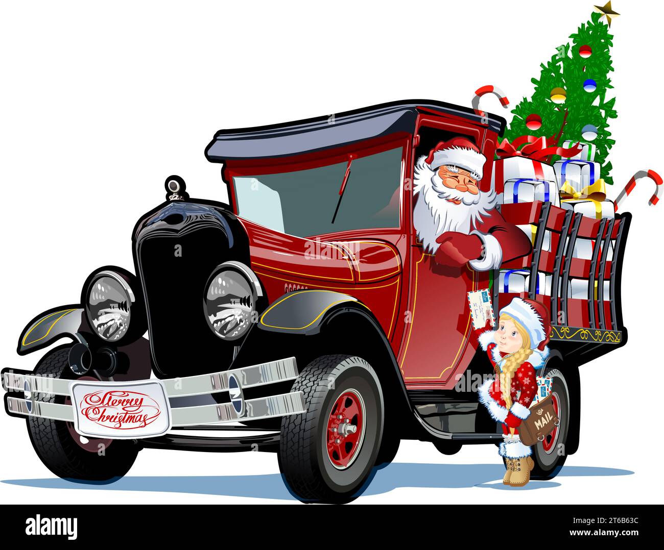 Biglietto di auguri vettoriale Natale con Snow Maiden - Postman che consegna la posta per Babbo Natale. Disponibile il formato eps-10 separato da gruppi e strati per facilitare la e Illustrazione Vettoriale