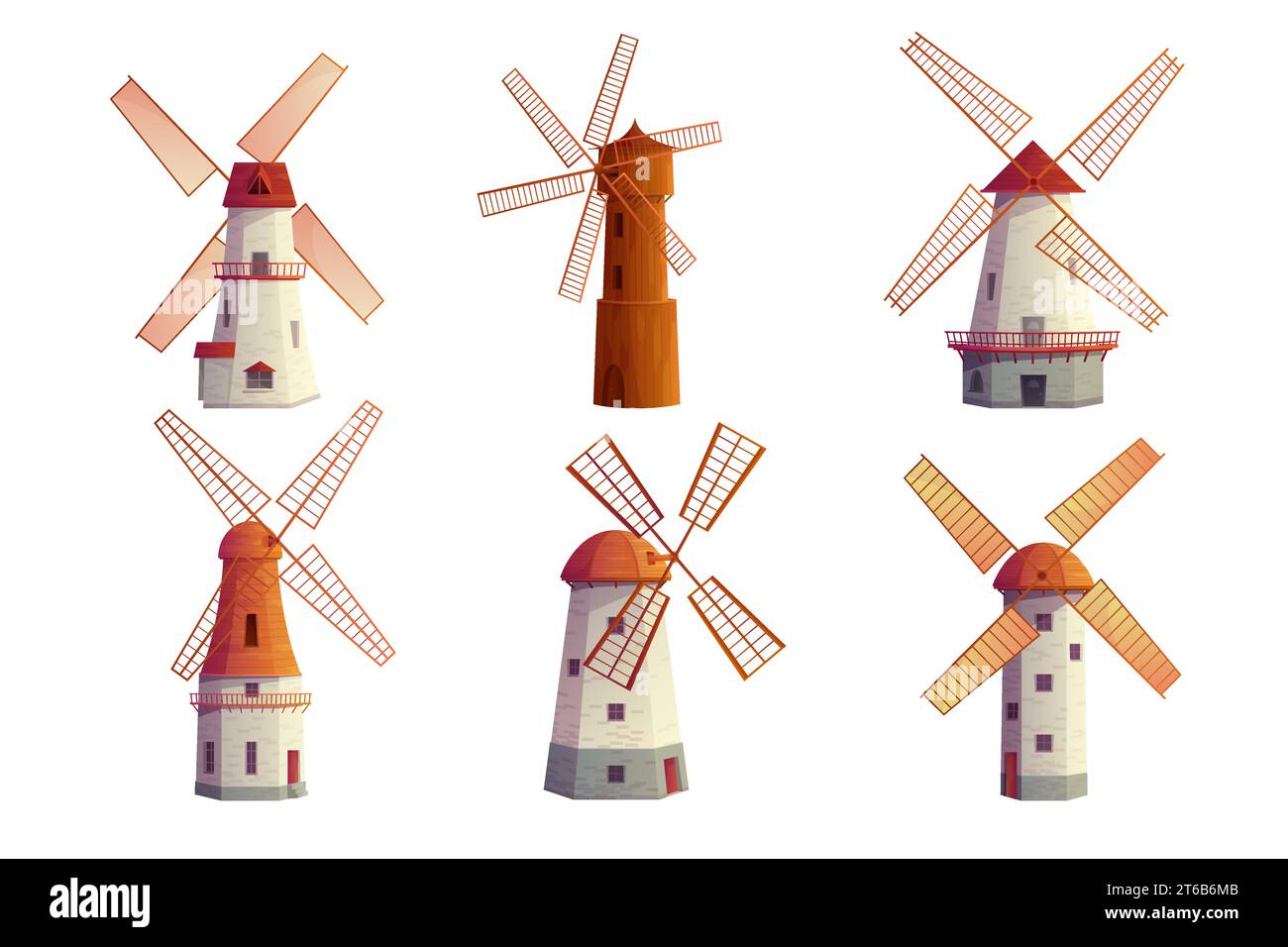 I vecchi mulini a vento sono illustrati in modo vettoriale. Cartoni animati isolati mulini a torre in pietra e legno per macinare la farina di grano con il vento, collezione di diversi edifici agricoli olandesi con ventilatori per la macinazione Illustrazione Vettoriale