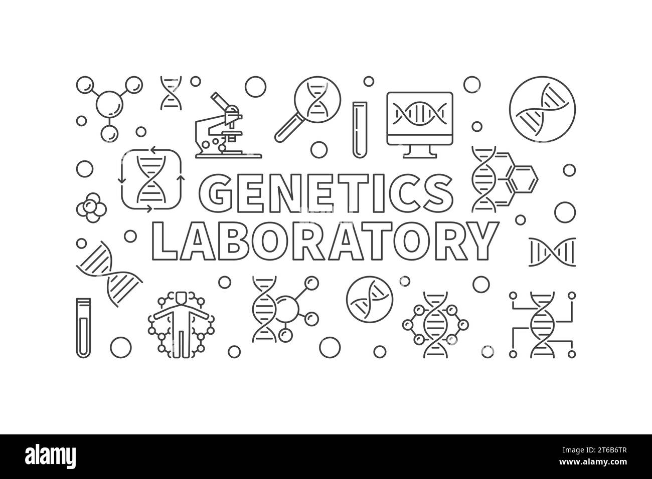 Banner o illustrazione orizzontale minimale del vettore di Genetics Laboratory in stile contorno Illustrazione Vettoriale