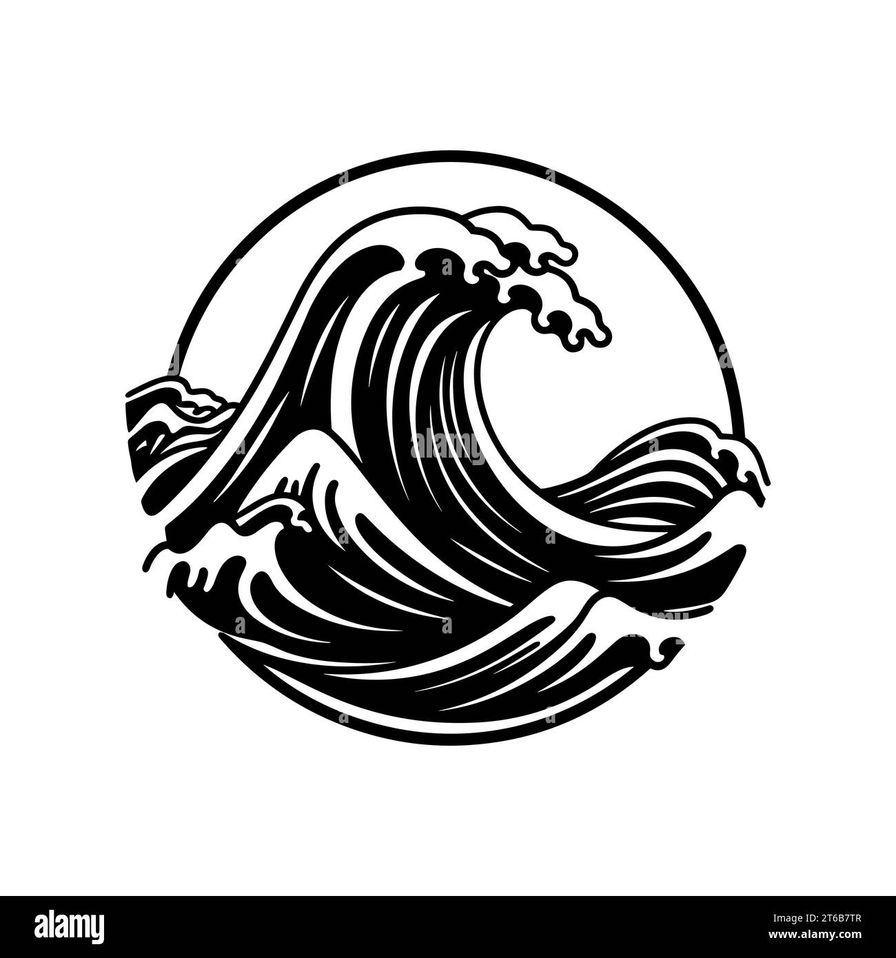 Icona delle onde marine. Immagine in bianco e nero di un'onda all'interno di una cornice circolare. Illustrazione vettoriale Illustrazione Vettoriale