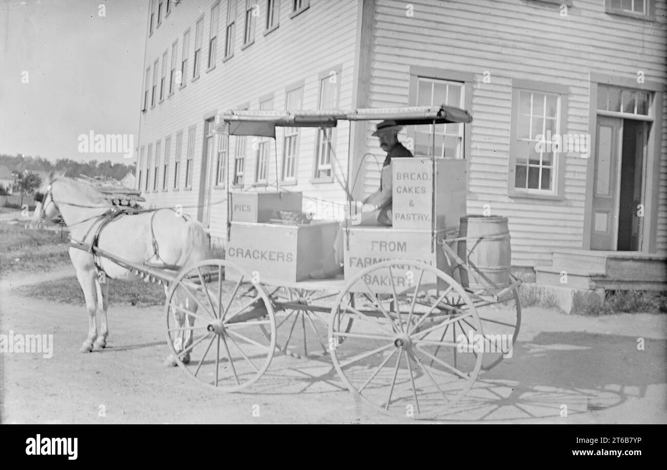 Antica fotografia del 1885 circa, cavallo da consegna e carrozza da Farmington Bakery, probabilmente Farmington, Maine, Stati Uniti. La panetteria bruciò nell'incendio di Farmington del 1886. FONTE: ORIGINALE 5X8 VETRO NEGATIVO Foto Stock