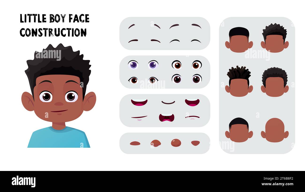 Black Cartoon Boy Face Construction, creatore di avatar per bambini con peli afro, occhi e bocca Premium Vector Illustrazione Vettoriale