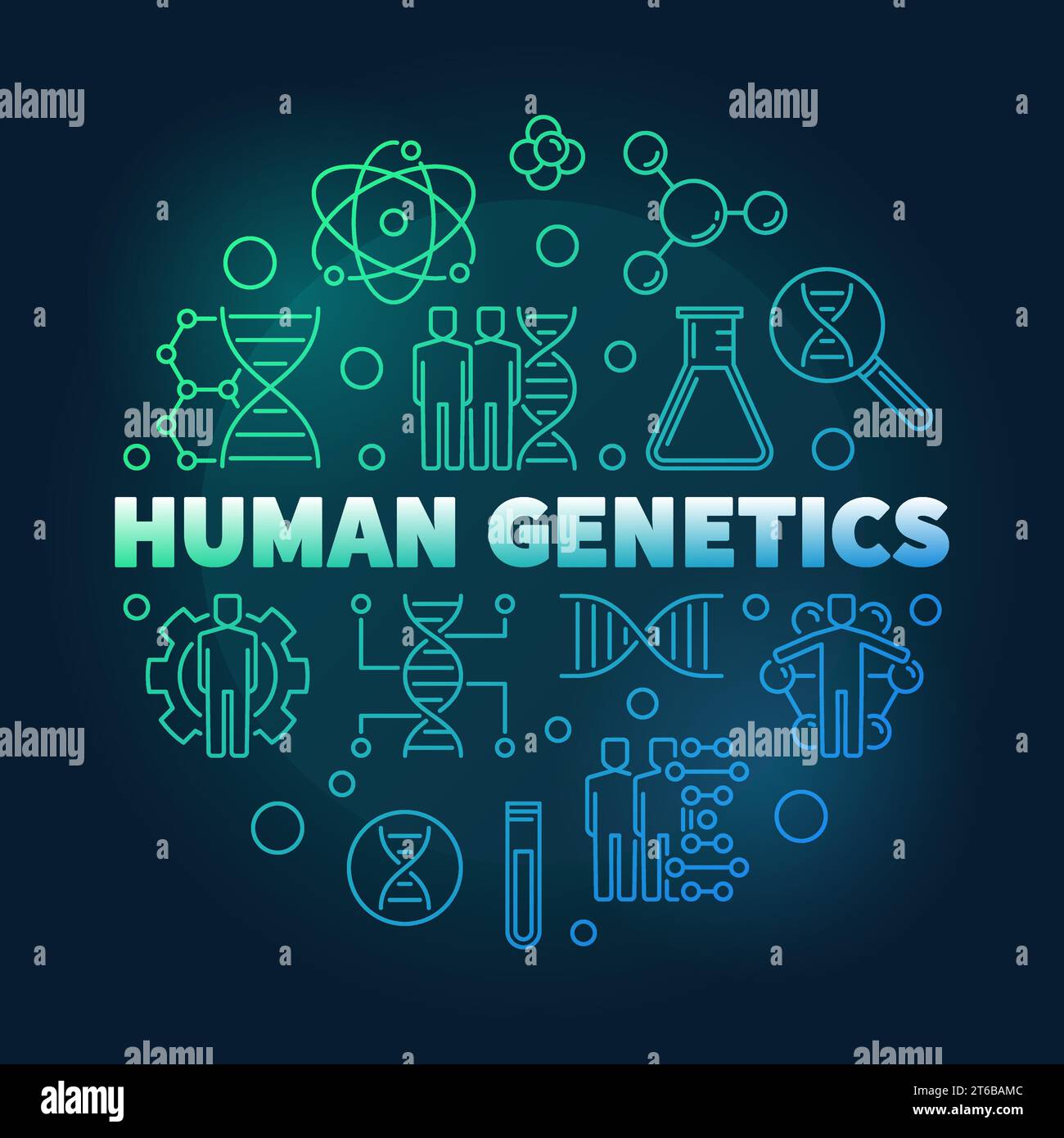 Illustrazione lineare colorata vettoriale di Human Genetics su sfondo scuro Illustrazione Vettoriale