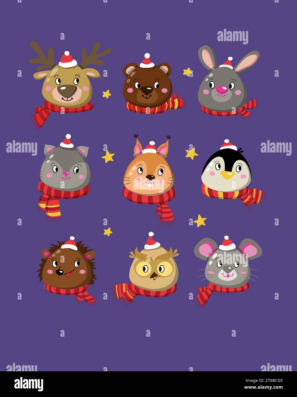 Adesivi con animali natalizi. Set di clipart di Capodanno disegnato a mano - orso, topo, coniglio, vacanza, scoiattolo, cervo, pinguino. Illustrazione Vettoriale