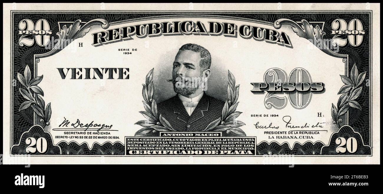 US-BEP-República de Cuba (prova certificata) 20 pesos d'argento, 1934 (CUB-72a) Foto Stock