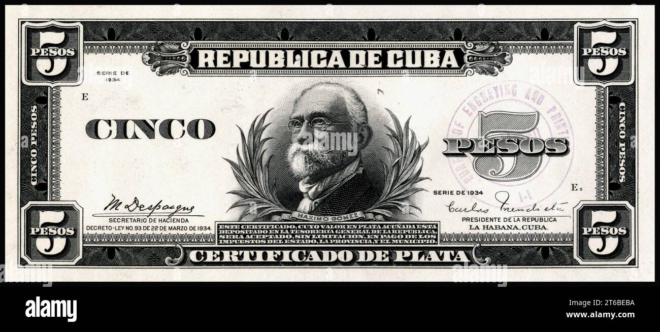 US-BEP-República de Cuba (prova certificata) cinque pesos d'argento, 1934 (CUB-70a) Foto Stock