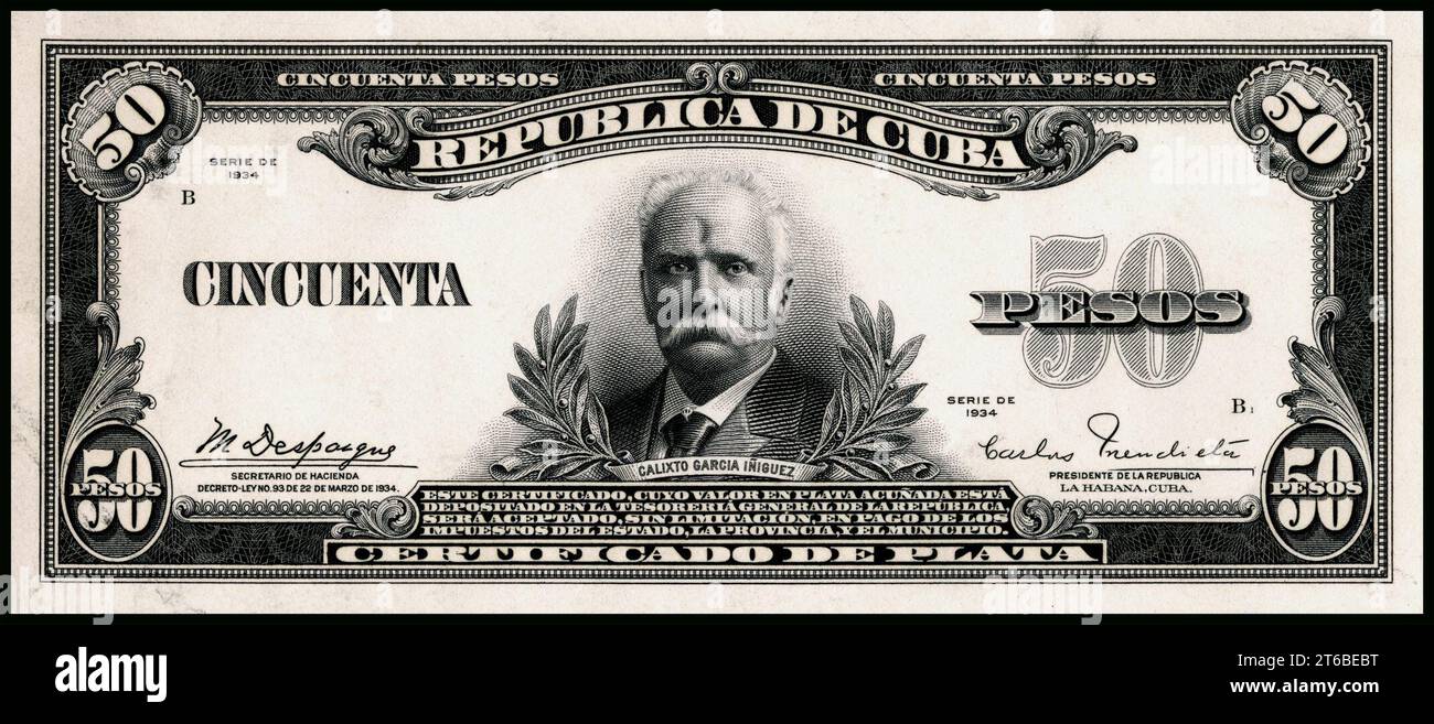 US-BEP-República de Cuba (certificato di prova) 50 pesos d'argento, 1934 (CUB-73a) Foto Stock