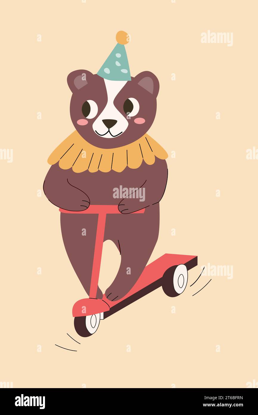 carino orso dei cartoni animati su scooter - personaggio del circo Illustrazione Vettoriale
