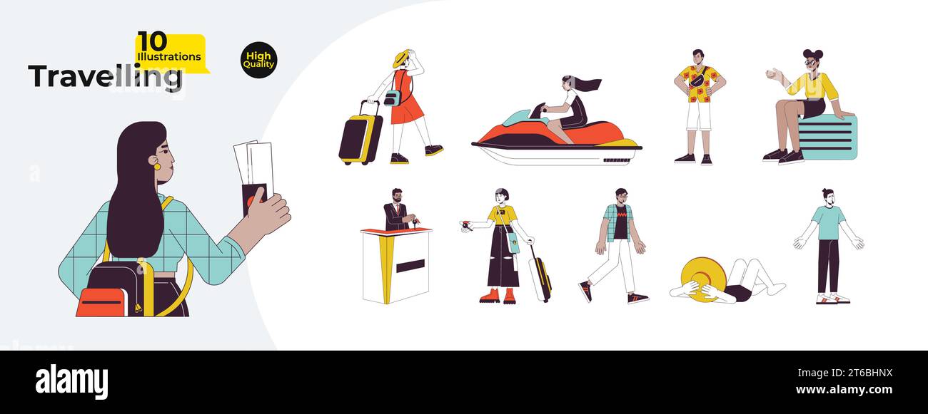 I viaggiatori multiculturali scelgono un pacchetto illustrativo piatto di cartoni animati Illustrazione Vettoriale