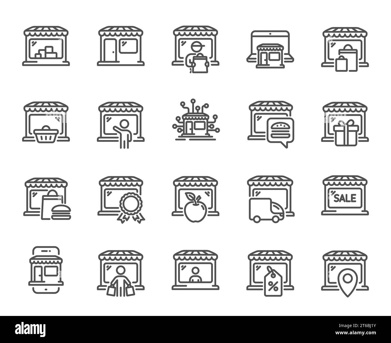 Icone della linea del negozio di mercato. Mercato online, negozio all'ingrosso, Network Marketing. Vettore Illustrazione Vettoriale