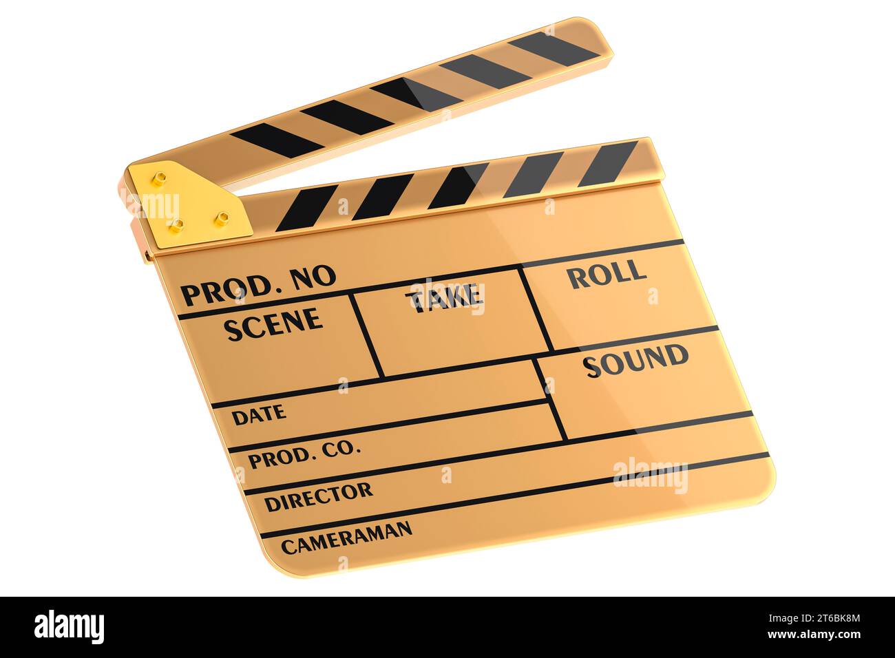 Clapperboard dorato, miglior film. Rendering 3D isolato su sfondo bianco Foto Stock
