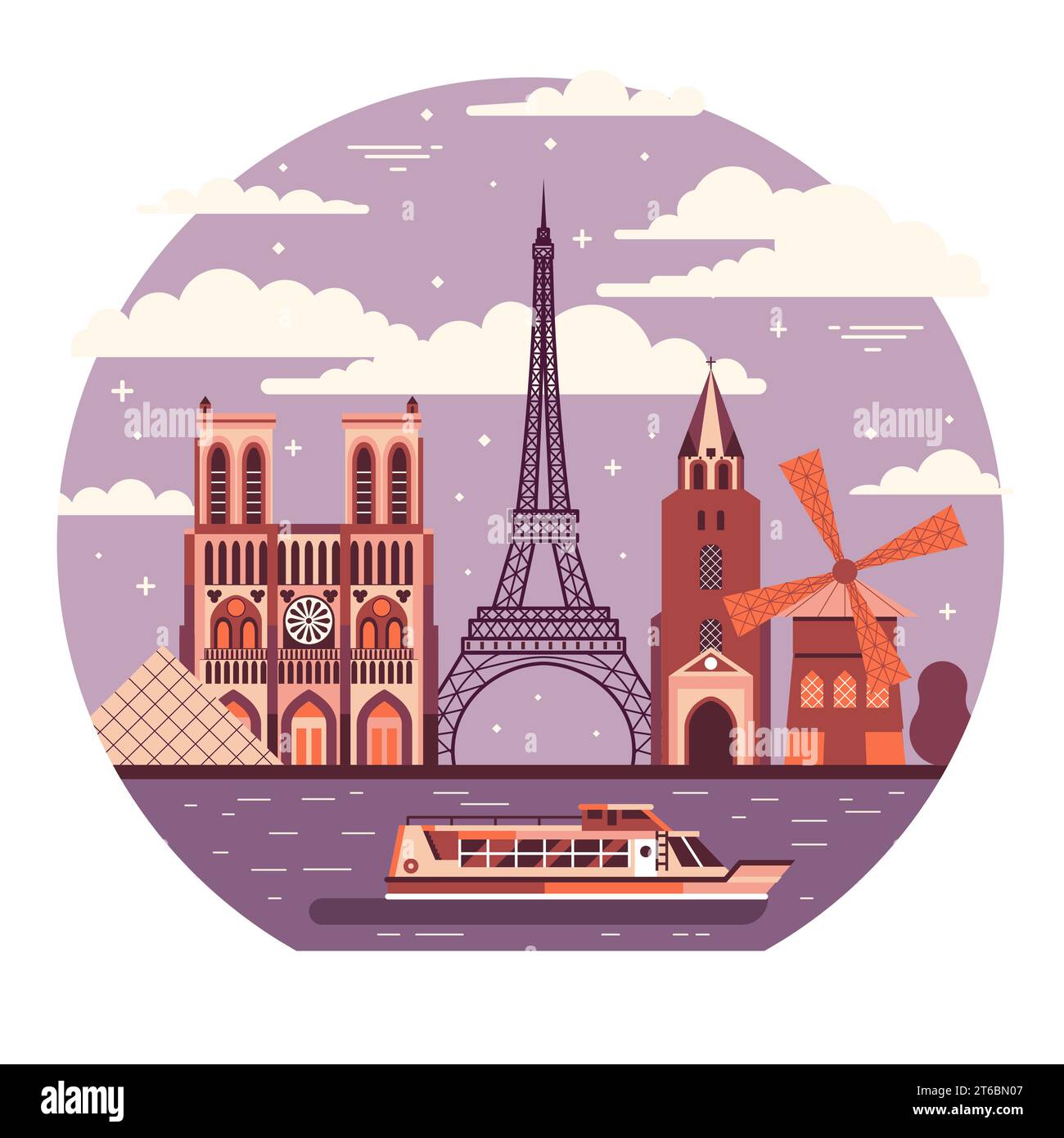 Scena di viaggio a Parigi con crociera sul fiume in barca turistica Illustrazione Vettoriale