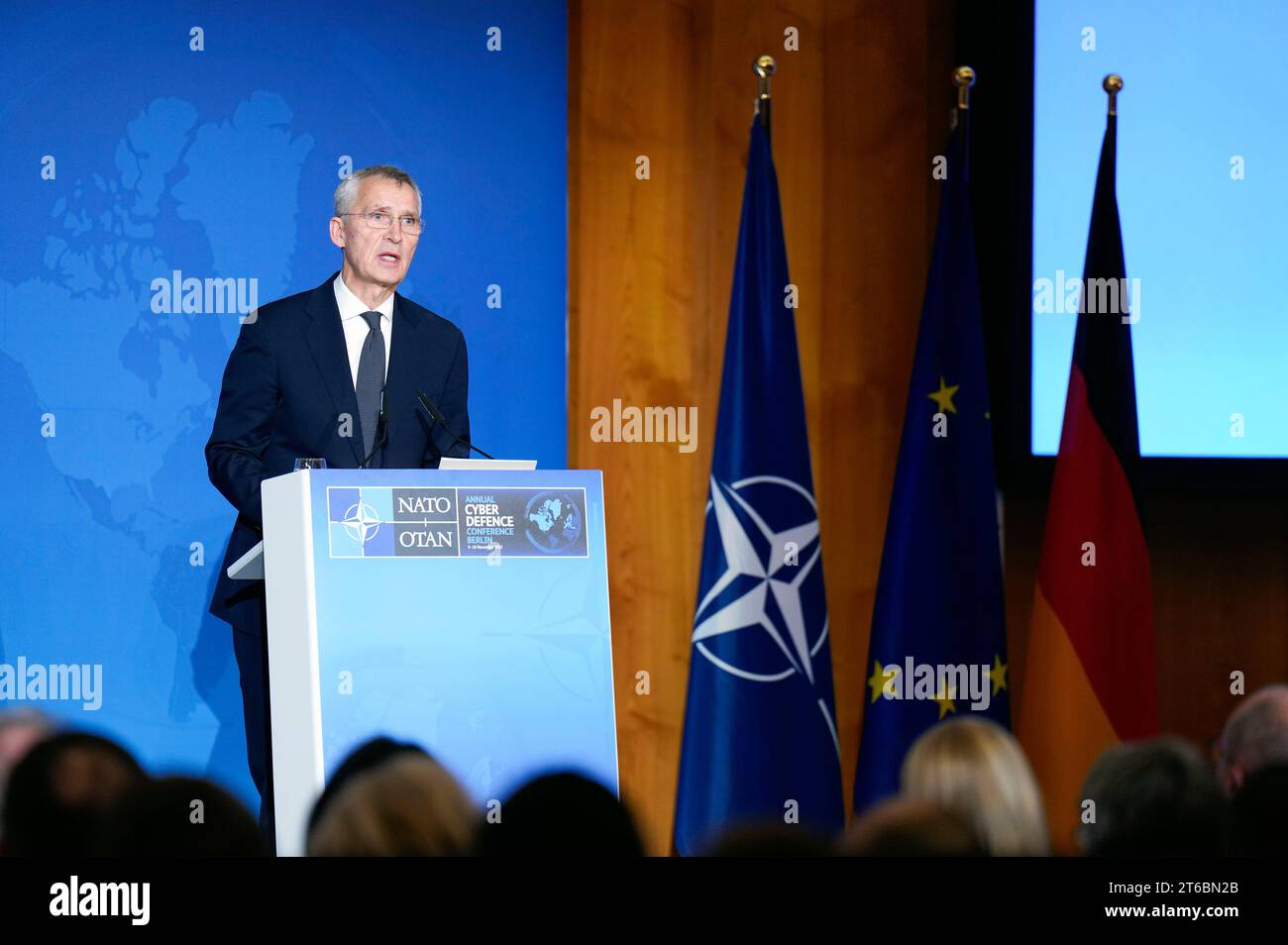 Jens Stoltenberg bei der NATO Cyber Defence Konferenz im Auswärtigen AMT. Berlino, 09.11.2023 Foto Stock