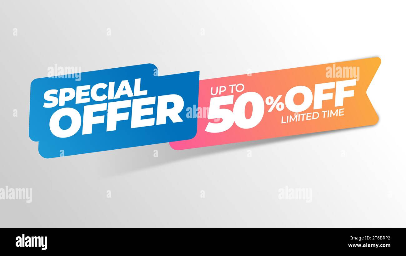 Modello banner sconto di vendita. Offerta promozionale sconto del 50%. Risorse grafiche vettoriali per la progettazione di annunci pubblicitari e tutti i tipi di marketing dei prodotti. Illustrazione Vettoriale
