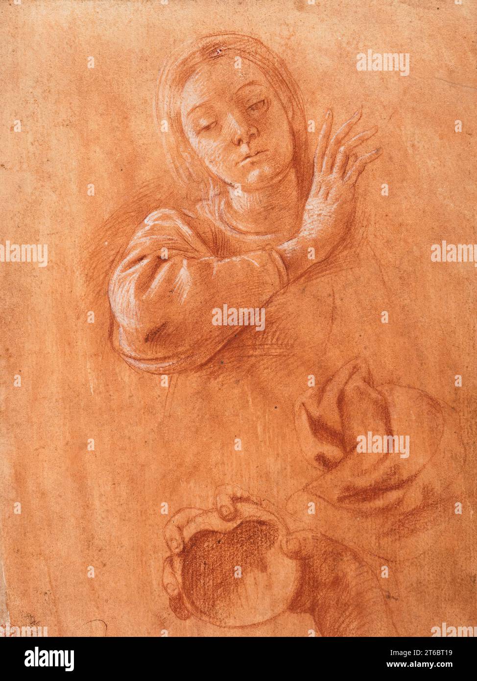 Studi sulla Vergine, sui drappeggi e sulla mano di San Giovanni Battista che regge una conchiglia, c1628. Foto Stock