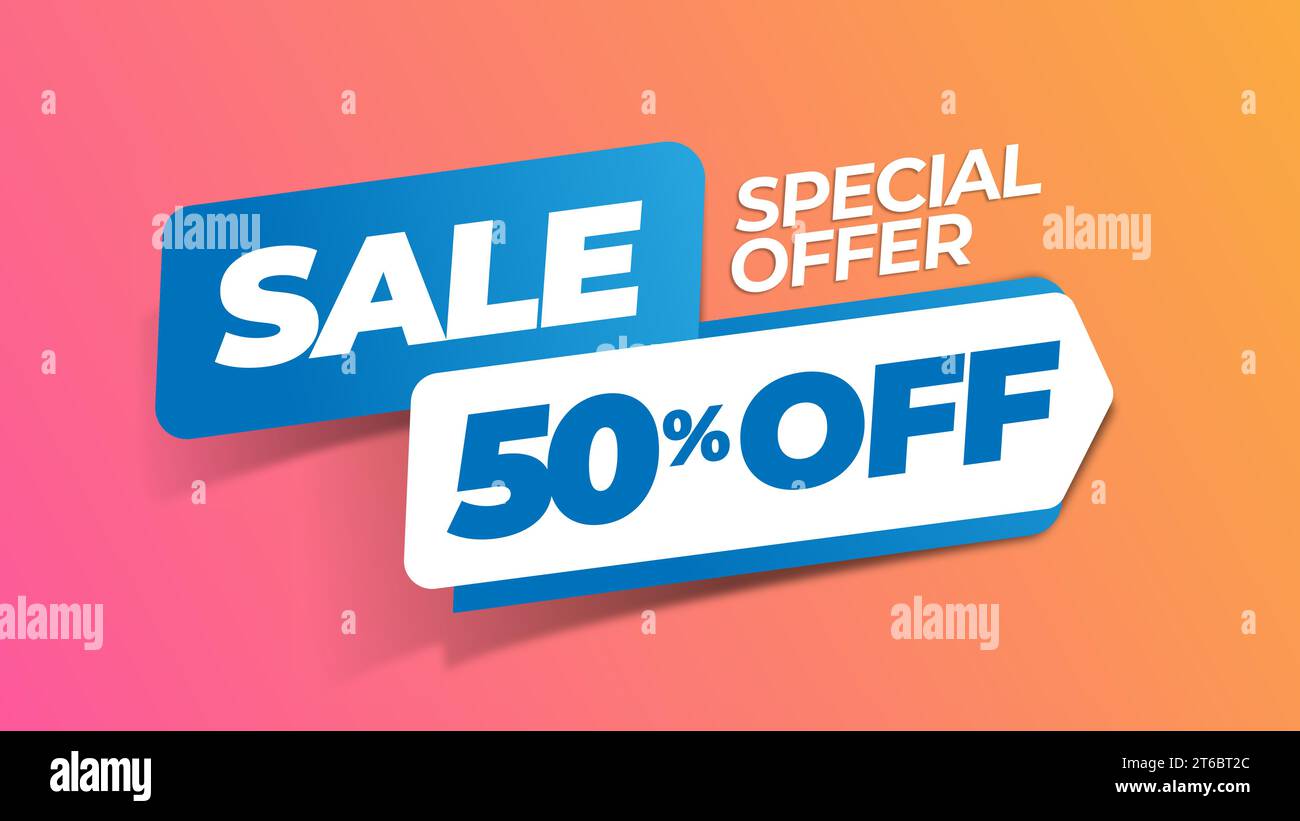 Modello banner sconto di vendita. Offerta promozionale sconto del 50%. Risorse grafiche vettoriali per la progettazione di annunci pubblicitari e tutti i tipi di marketing dei prodotti. Illustrazione Vettoriale