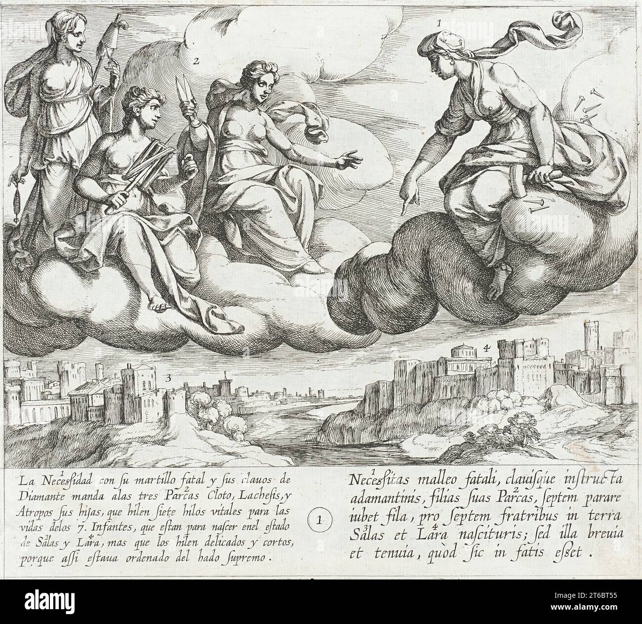 Necessity ordina alle sue figlie, i Fati, di tessere brevi e fragili fili di vita per i sette Infanti di Lara, 1612. Dalla storia dei sette figli di Lara, PL. 1. Foto Stock