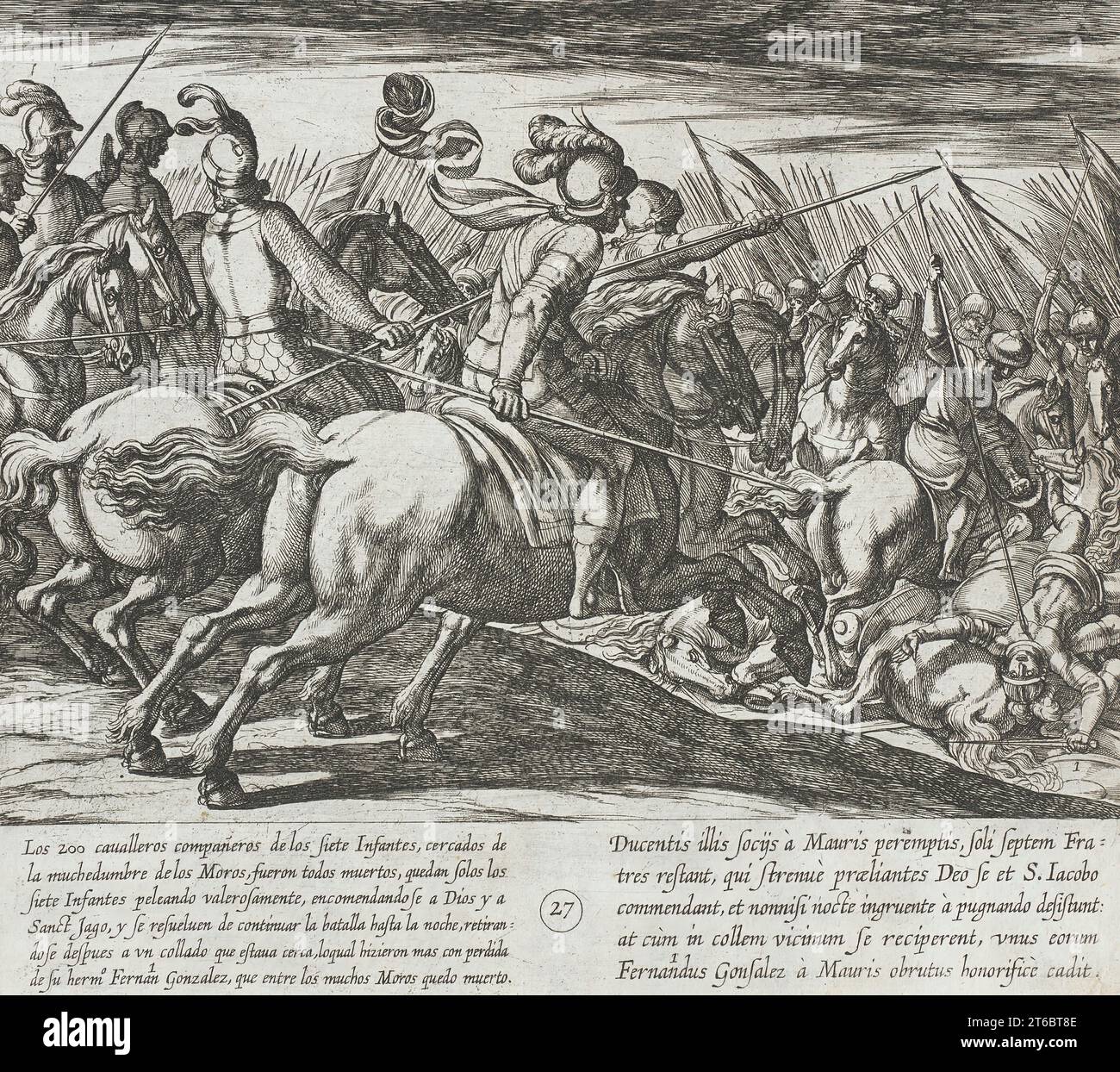 Tutti i Cavalieri che accompagnano gli Infantes vengono uccisi, così come l'Infante Fernan Gonzalez, 1612. Dalla storia dei sette figli di Lara, PL. 27. Foto Stock