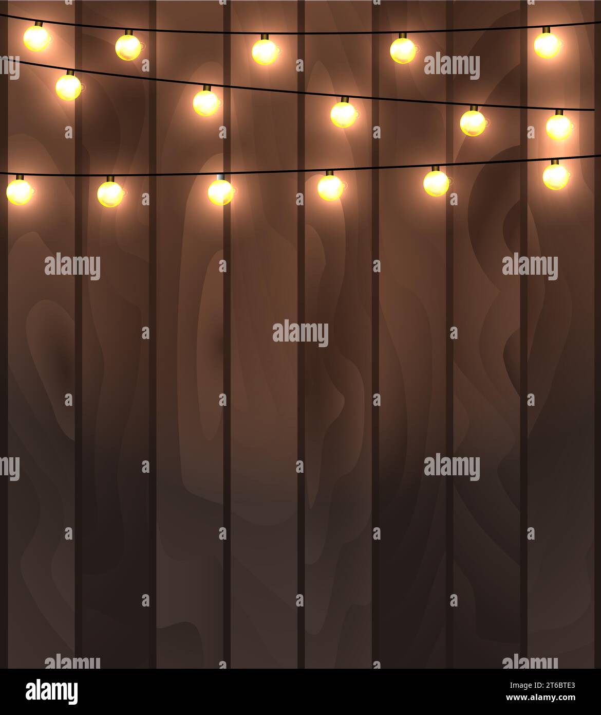 Illustrazione vettoriale di tavole di legno sfondo con illuminazione garland decorazione festosa, con corde di lampade rotonde. Illustrazione Vettoriale