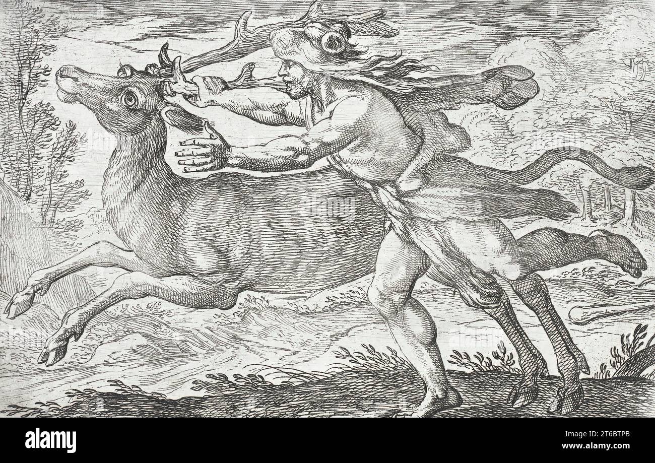 Ercole e l'Inde del Monte Cerynea, 1608. Dal lavoro di Ercole, PL. 6) Hercules si muove lungo il retro e afferra la base di una corna con la mano destra. Foto Stock