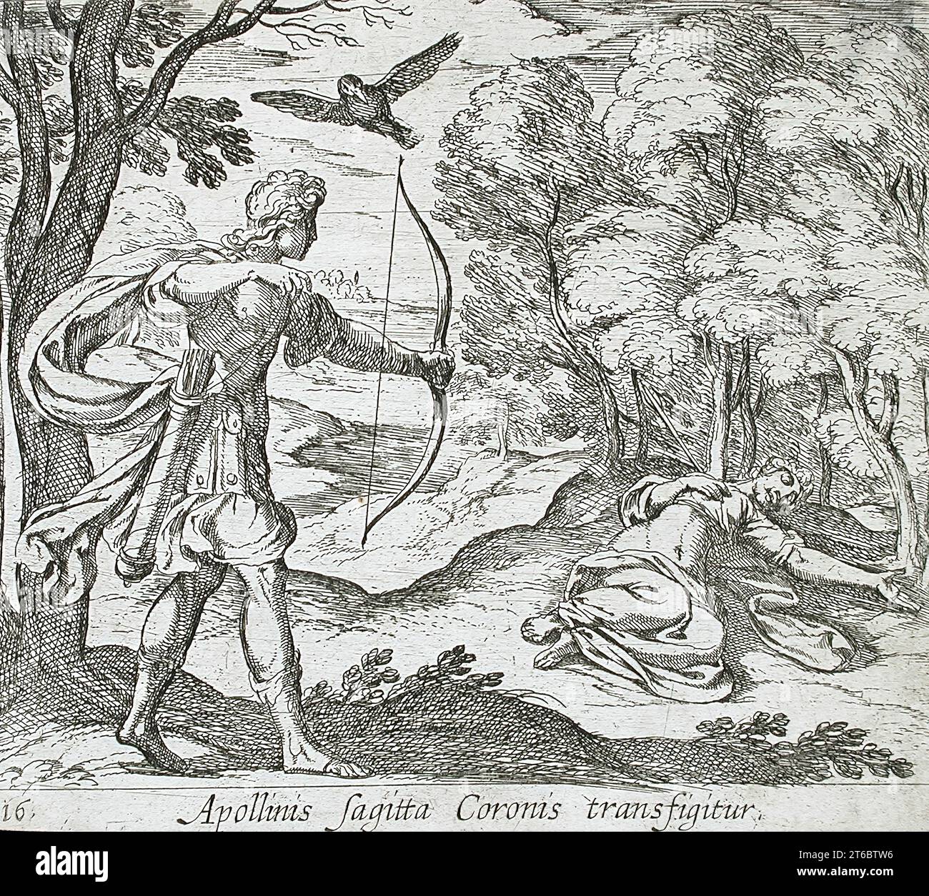 Apollo Killing Coronis, pubblicato nel 1606. Dalle Metamorfosi di Ovidio, PL. 16. Foto Stock