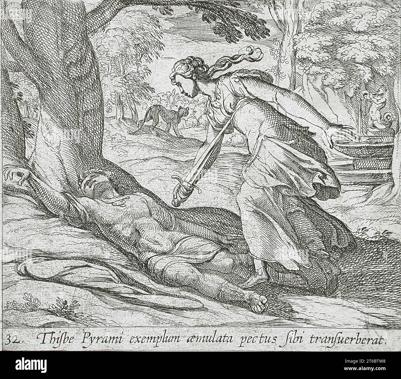 Thisbe Killing se stessa, pubblicato nel 1606. Dalle Metamorfosi di Ovidio, PL. 32. Foto Stock
