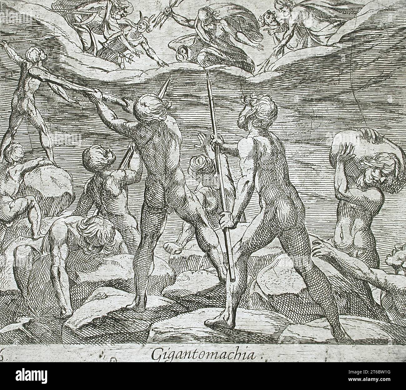 The Giants Taking to Storm Olympus, pubblicato nel 1606. Dalle Metamorfosi di Ovidio, PL. 6. Foto Stock