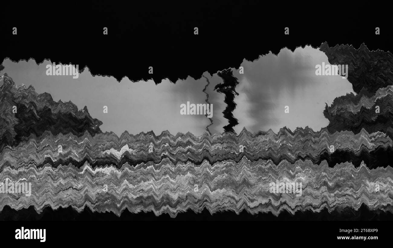 Un'illustrazione di distruzione, che mostra un paesaggio ondulato e ondulato con un pennacchio di fumo e una piccola quantità di detriti all'interno della polvere e dei gas in aumento. Foto Stock